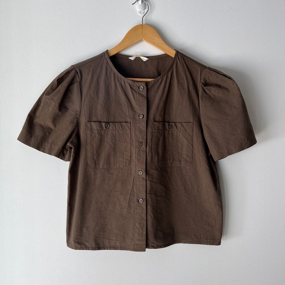 Pocket Short Sleeve Puff Blouse - Brown from Amour moier